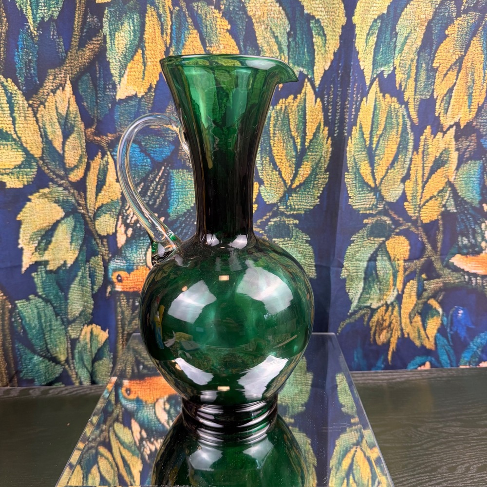 Vintage Emerald Green Hand Blown Glass Pitcher Carafe Clear Applied Handle 12"